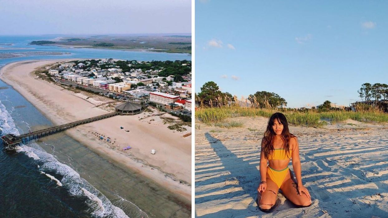 Tybee Island, GA. Right: A woman in a yellow swim suit on Tybee Island.