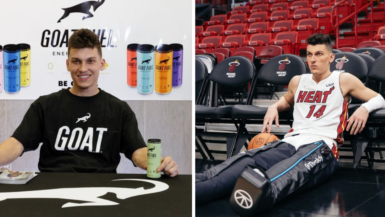 Tyler Herro with a Goat Fuel can. Right: Tyler Herro on the court.