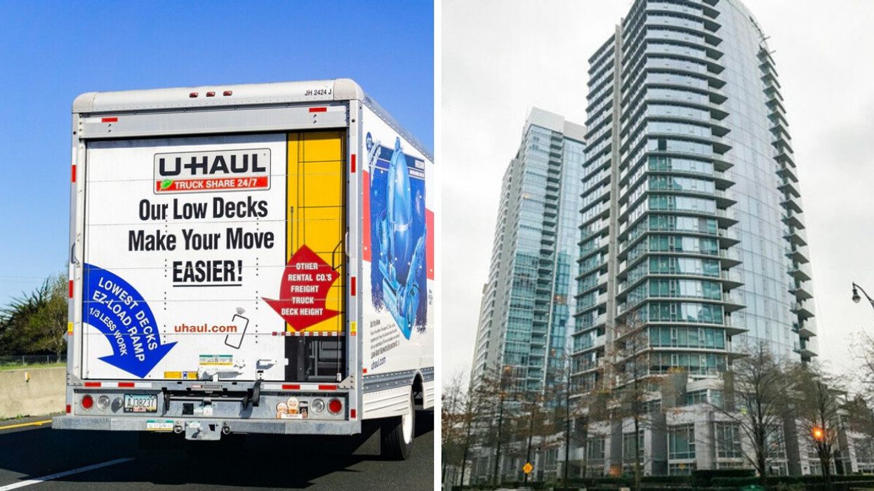 U Haul moving truck. Right: Apartment building in Vancouver.