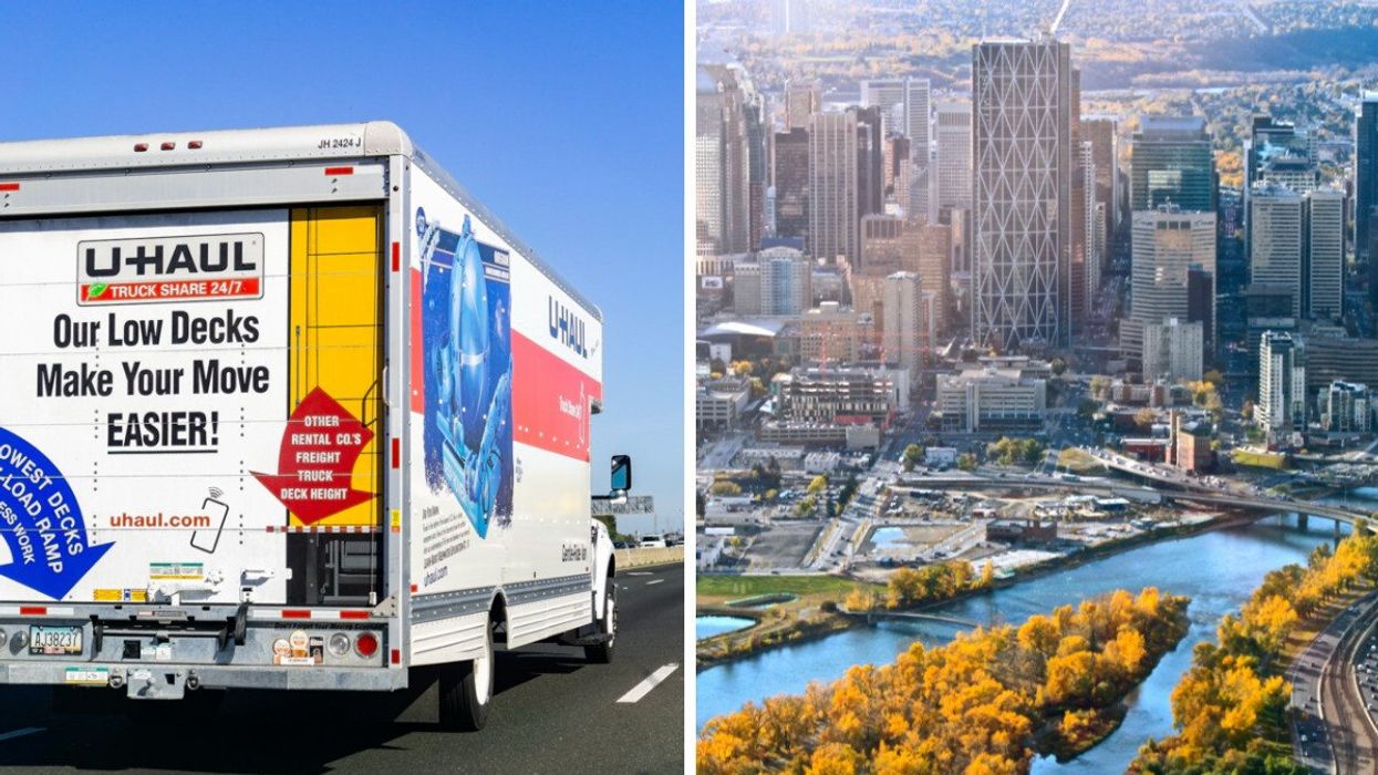 U-haul truck. Right: Calgary, Alberta.