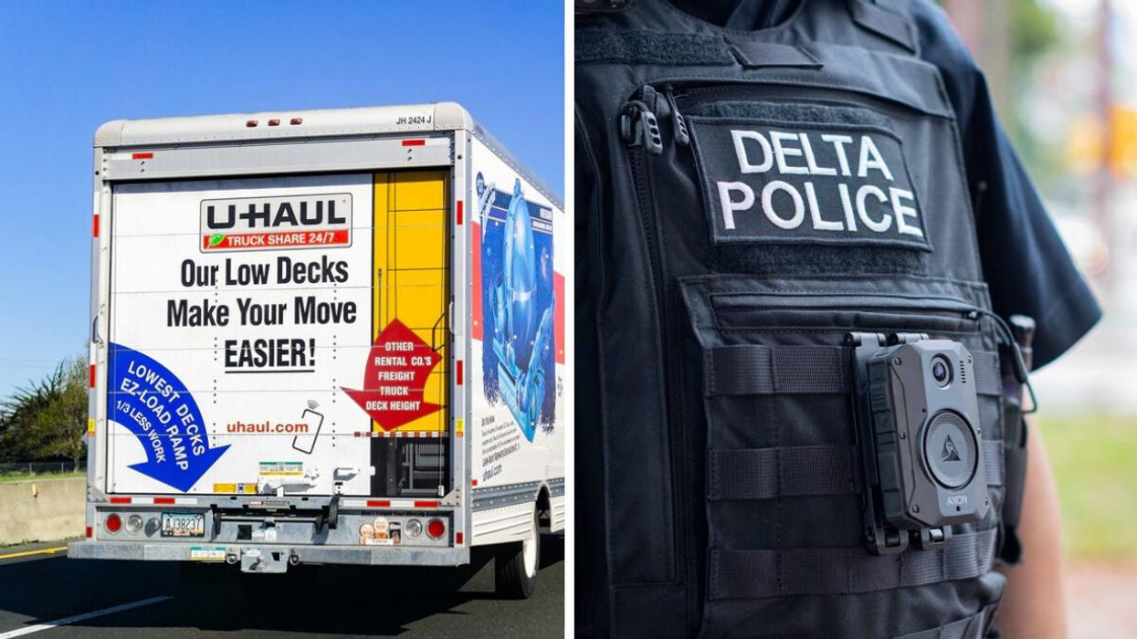 U-Haul Truck. Right: Delta Police officer.
