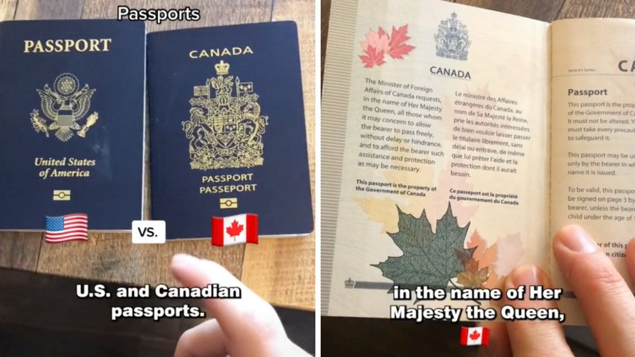 U.S. and Canadian passports. Right: The inside of the Canadian passport.