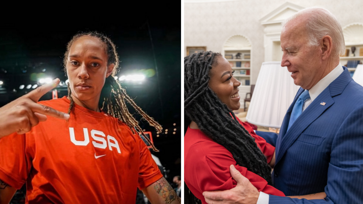 U.S. basketball star Brittney Griner. Right: President Joe Biden embracing Cherelle Griner in the White House.