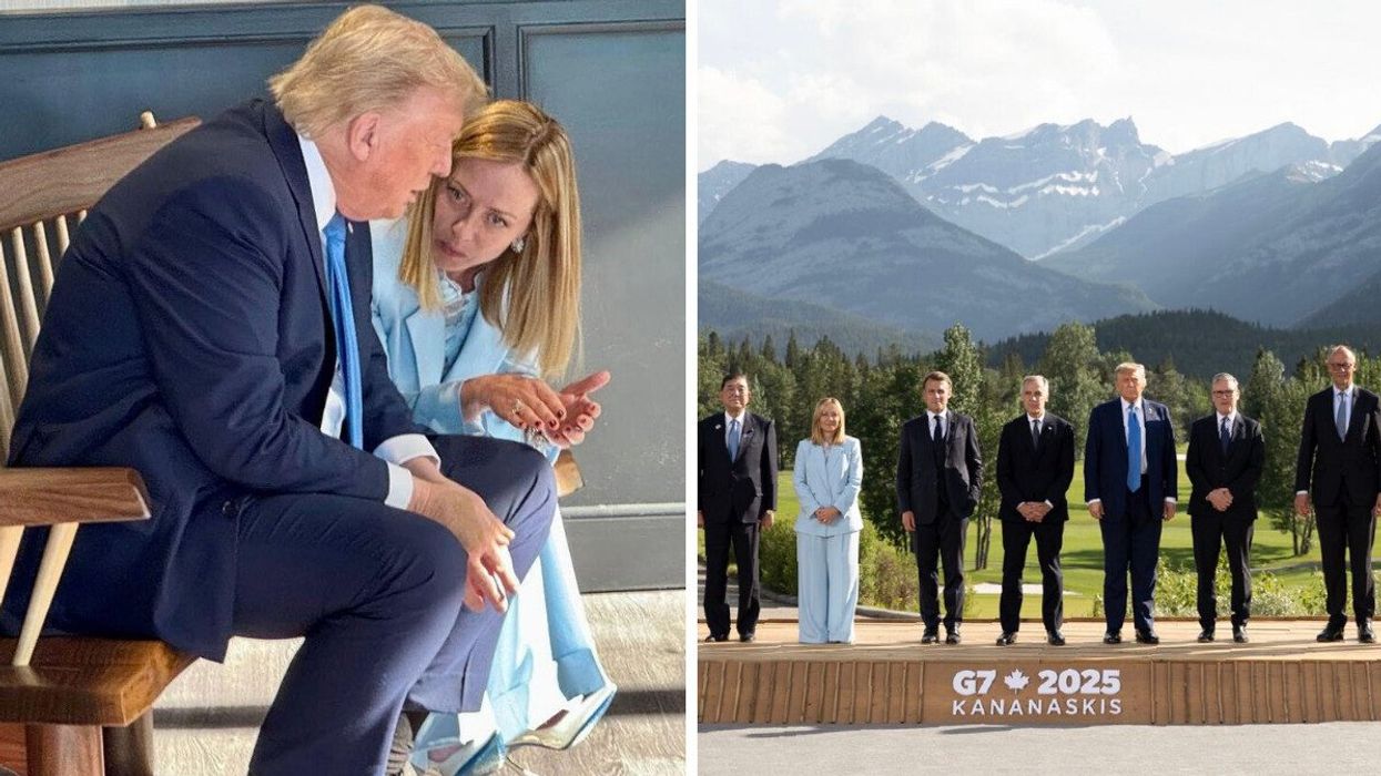 U.S. President Donald Trump and Italian Prime Minister Giorgia Meloni in conversation. Right: World leaders at the G7 with the Canadian Rockies in the background.