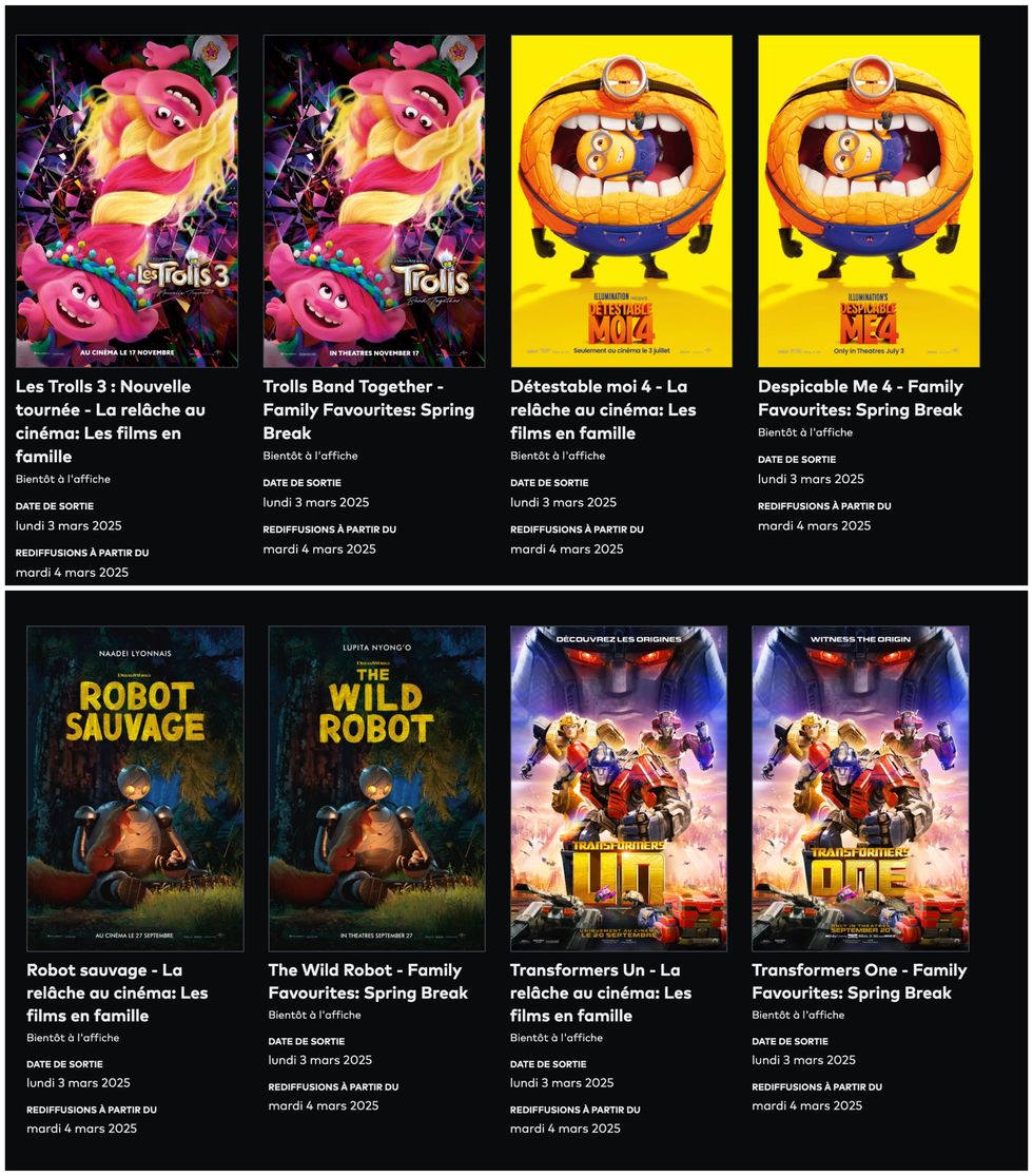 \u00ab Les Trolls 3 : Nouvelle tourn\u00e9e \u00bb, \u00ab D\u00e9testable moi 4 \u00bb, \u00ab Robot sauvage \u00bb et \u00ab Transformers Un\u00bb \u00e0 l'affiche sur le site du Cineplex.