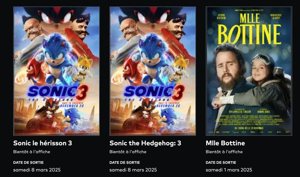 \u00ab Sonic le h\u00e9risson 3 \u00bb et \u00ab Mlle Bottine \u00bb \u00e0 l'affiche sur le site du Cineplex.