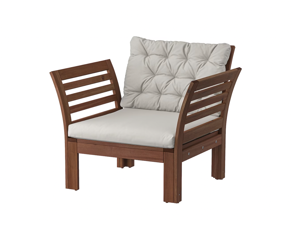 \u00c4PPLAR\u00d6 Fauteuil, ext\u00e9rieur, teint\u00e9 brun/Kuddarna gris.