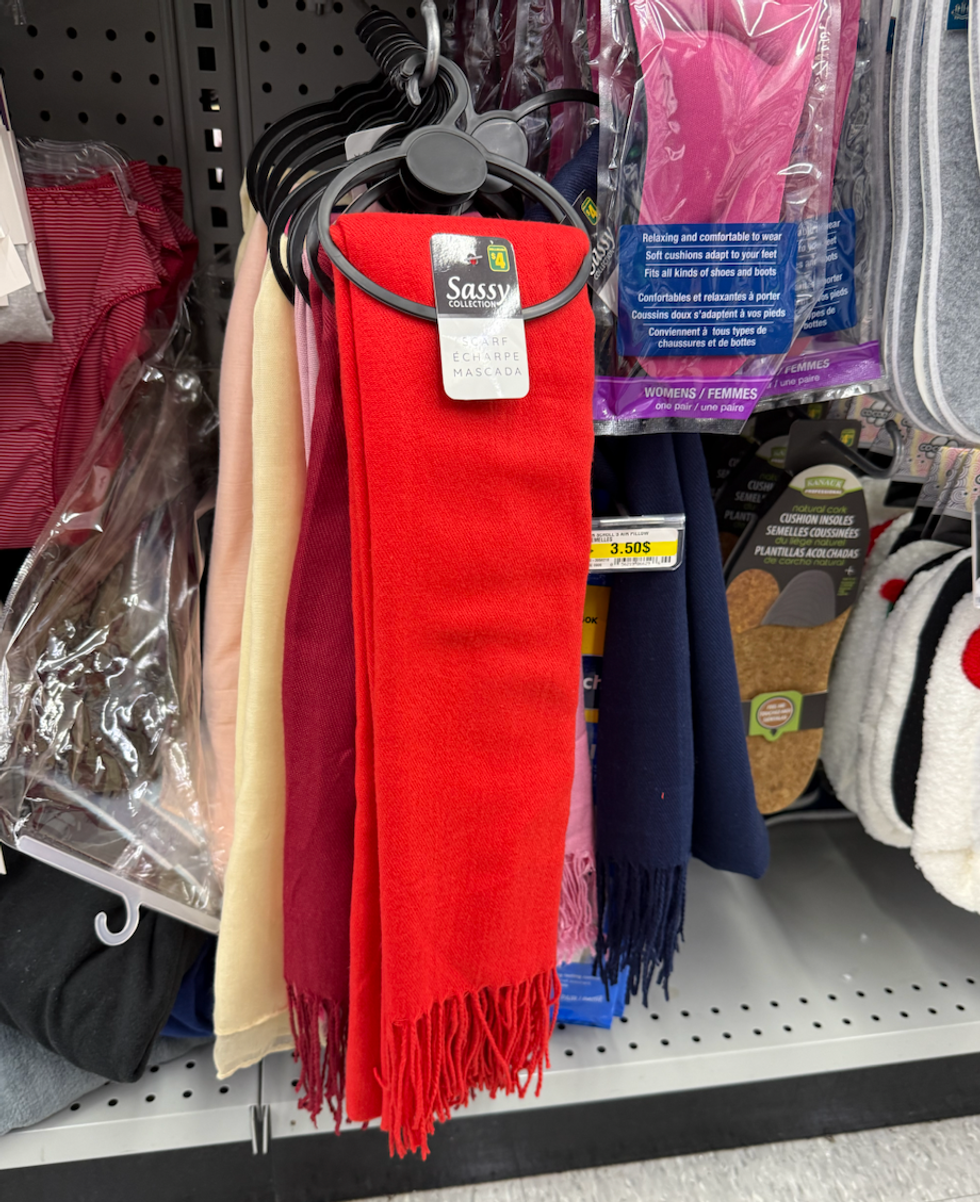 \u00c9charpes color\u00e9es suspendues sur des crochets dans le rayon accessoires du Dollarama.