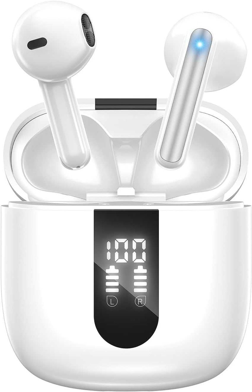 \u00c9couteurs Bluetooth JBES couleur blanche dans leur bo\u00eetier avec \u00e9cran LED, affich\u00e9s sur le site d\u2019Amazon Canada.