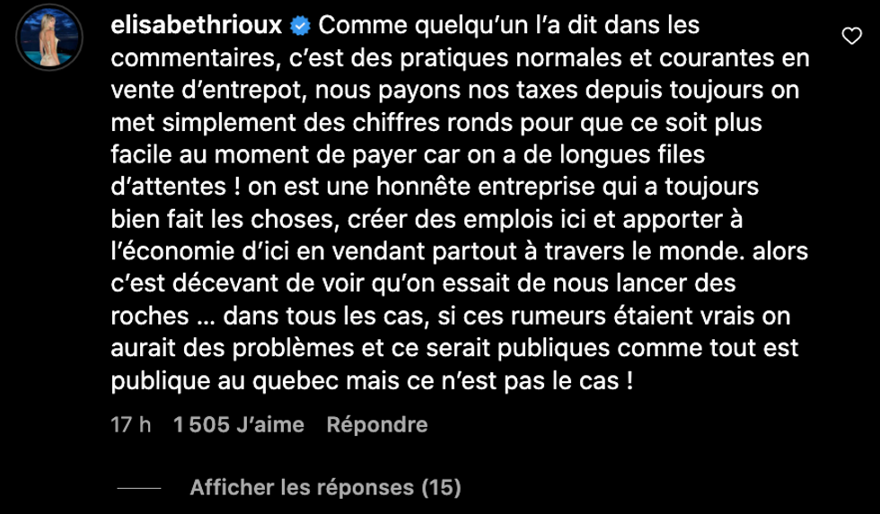 \u00c9lisabeth Rioux r\u00e9pond \u00e0 un article concernant sa compagnie.