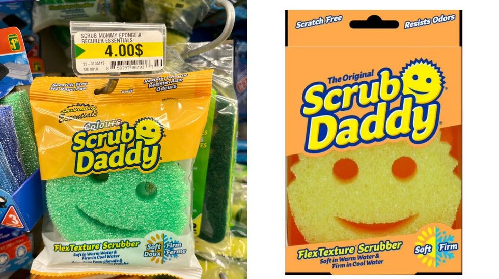 \u00c9ponge Scrub Daddy verte au Dollarama. Droite : \u00c9ponge Scrub Daddy jaune sur le site du Walmart.