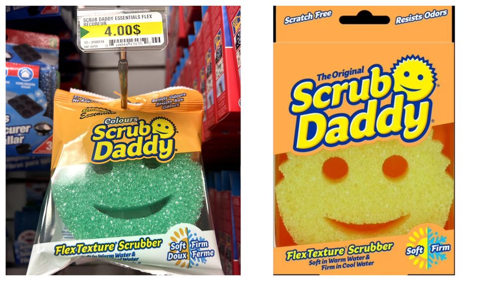 \u00c9ponge Scrub Daddy verte. Droite: \u00c9ponge Scrub Daddy jaune.