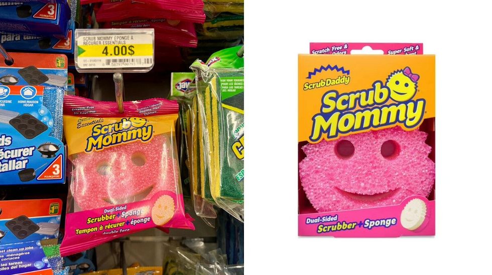 \u00c9ponge Scrub Mommy rose dans son emballage au Dollarama. Droite : \u00c9ponge Scrub Daddy rose sur le site du Walmart.