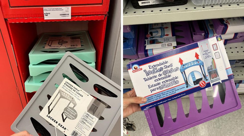 \u00c9tag\u00e8re de casier au Bureau en Gros. Droite : \u00c9tag\u00e8re de casier au Dollarama.