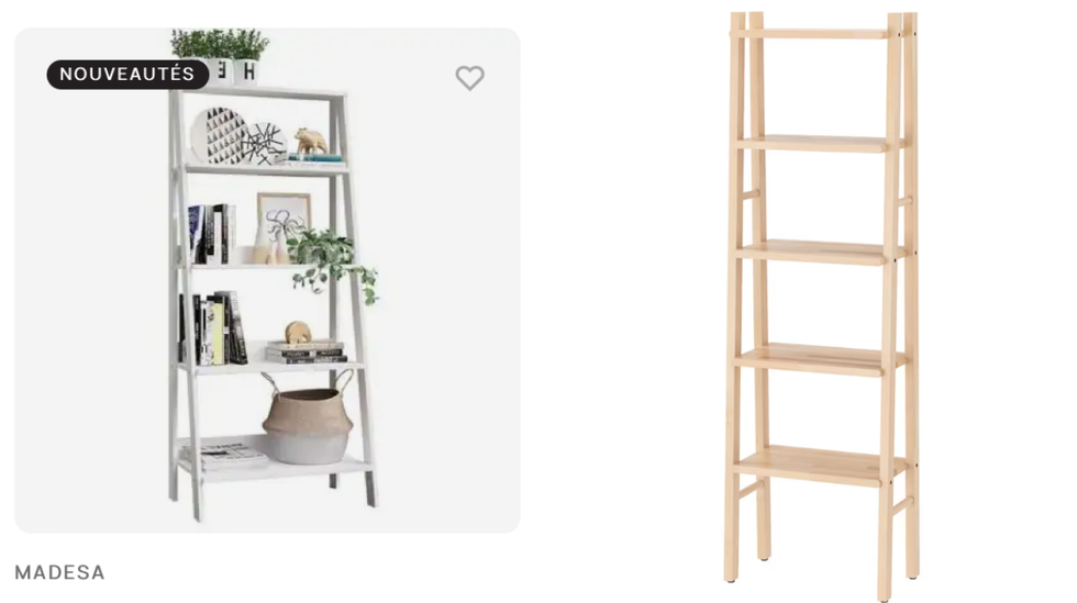 \u00c9tag\u00e8re en \u00e9chelle blanche. Droite : \u00c9tag\u00e8re en \u00e9chelle en bois clair.