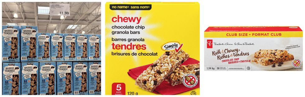 \u00c9talage de barres tendres Kirkland. Centre et droite : Boites de barres tendres Sans Nom et Choix du Pr\u00e9sident.