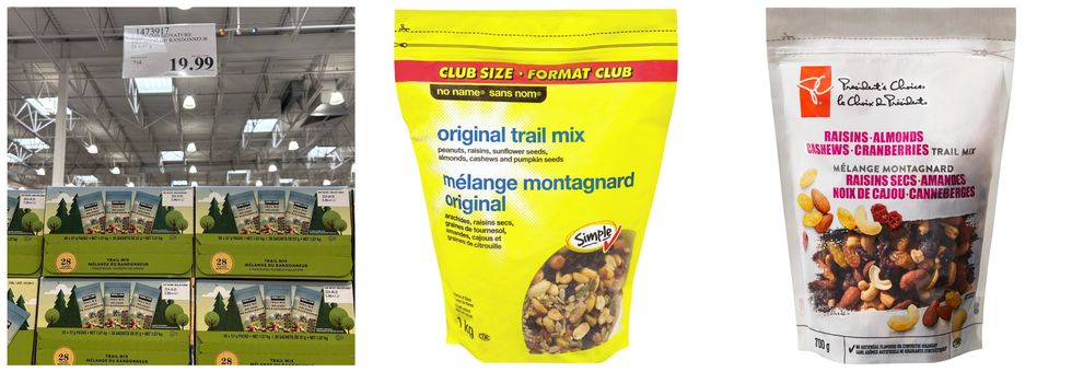 \u00c9talage de boites de m\u00e9lange du randonneur Kirkland. Centre et droite : Sacs de m\u00e9lange montagnard Sans Nom et Choix du Pr\u00e9sident.