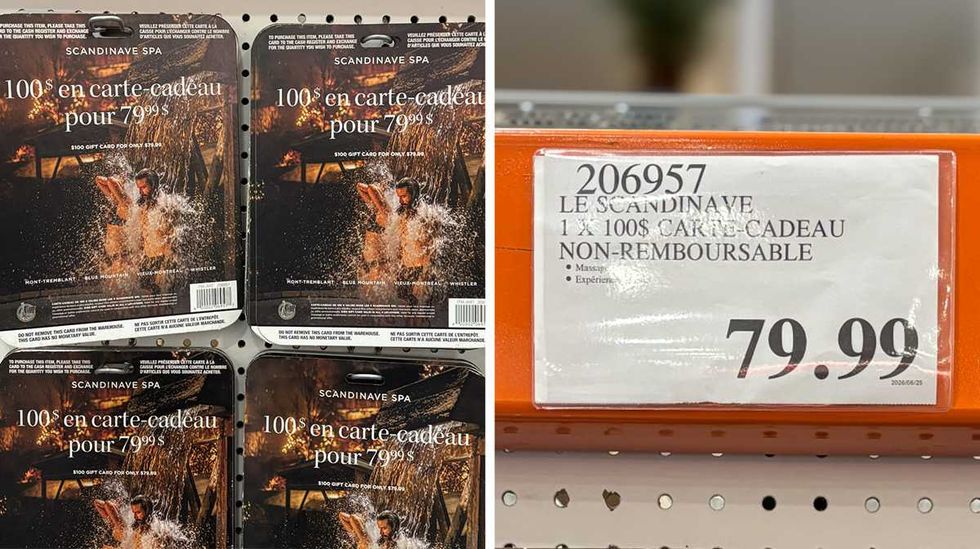 \u00c9talage de certificats cadeau pour Le Scandinave Spa. Droite : Affiche de prix Costco pour les certificats cadeau Le Scandinave Spa.
