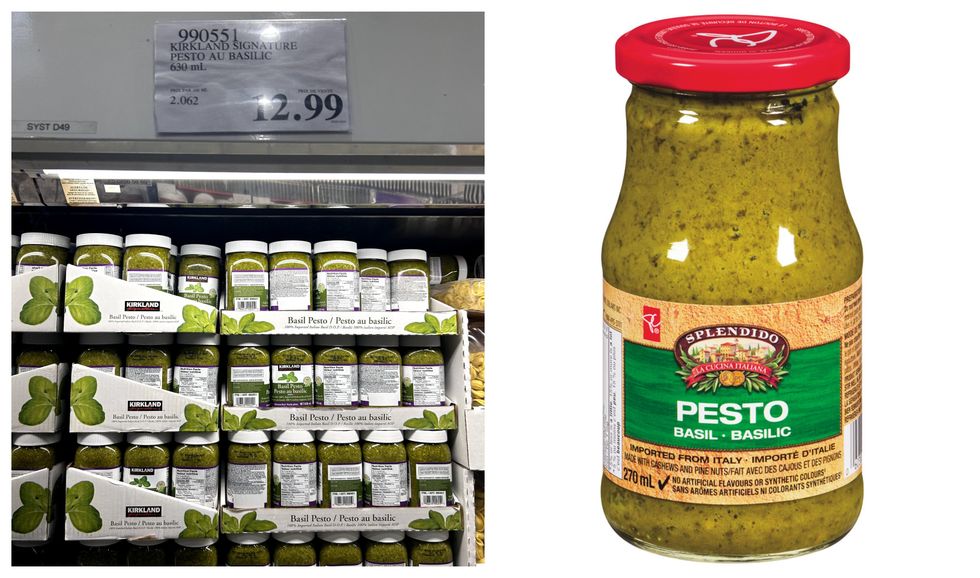 \u00c9talage de contenants de pesto au basilic Kirkland. Droite : Contenant de pesto au basilic Sans Nom.