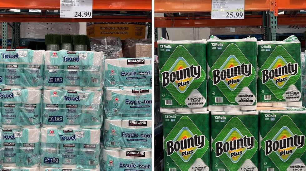 \u00c9talage de rouleaux de papiers essuie-tout de marque Kirkland. Droite : \u00e9talage de rouleaux de papier essuie-tout de marque Bounty.