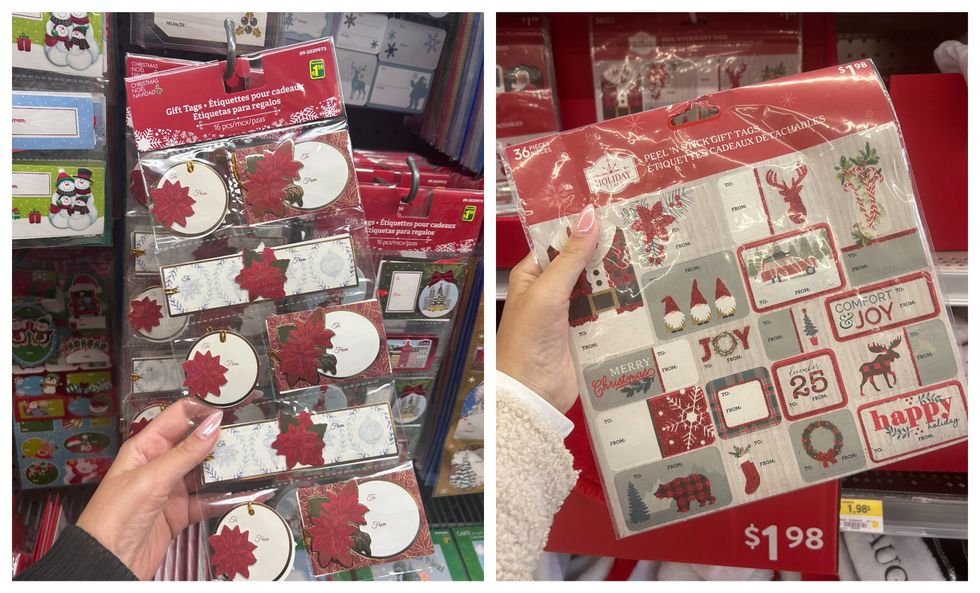\u00c9tiquettes \u00e0 cadeaux en carton au Dollarama. Droite : \u00c9tiquettes \u00e0 cadeaux en collant au Walmart.