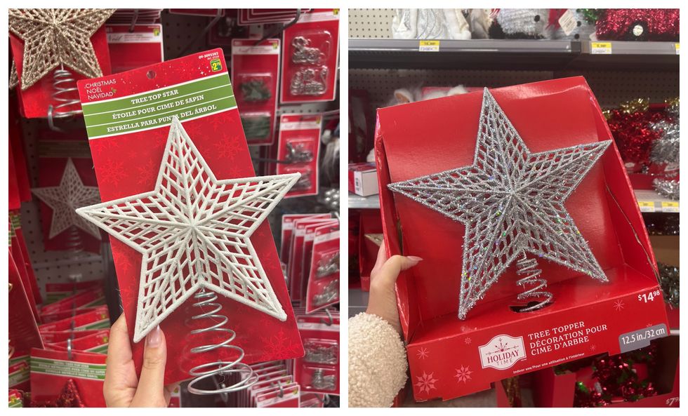 \u00c9toile de sapin de No\u00ebl blanche et scintillantes au Dollarama. Droite : \u00c9toile de sapin de No\u00ebl argent\u00e9e et scintillantes au Walmart.