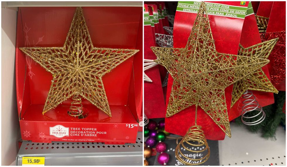 \u00c9toiles pour cime d'arbre de No\u00ebl au Walmart. Droite : \u00c9toiles pour cime d'arbre de No\u00ebl au Dollarama.