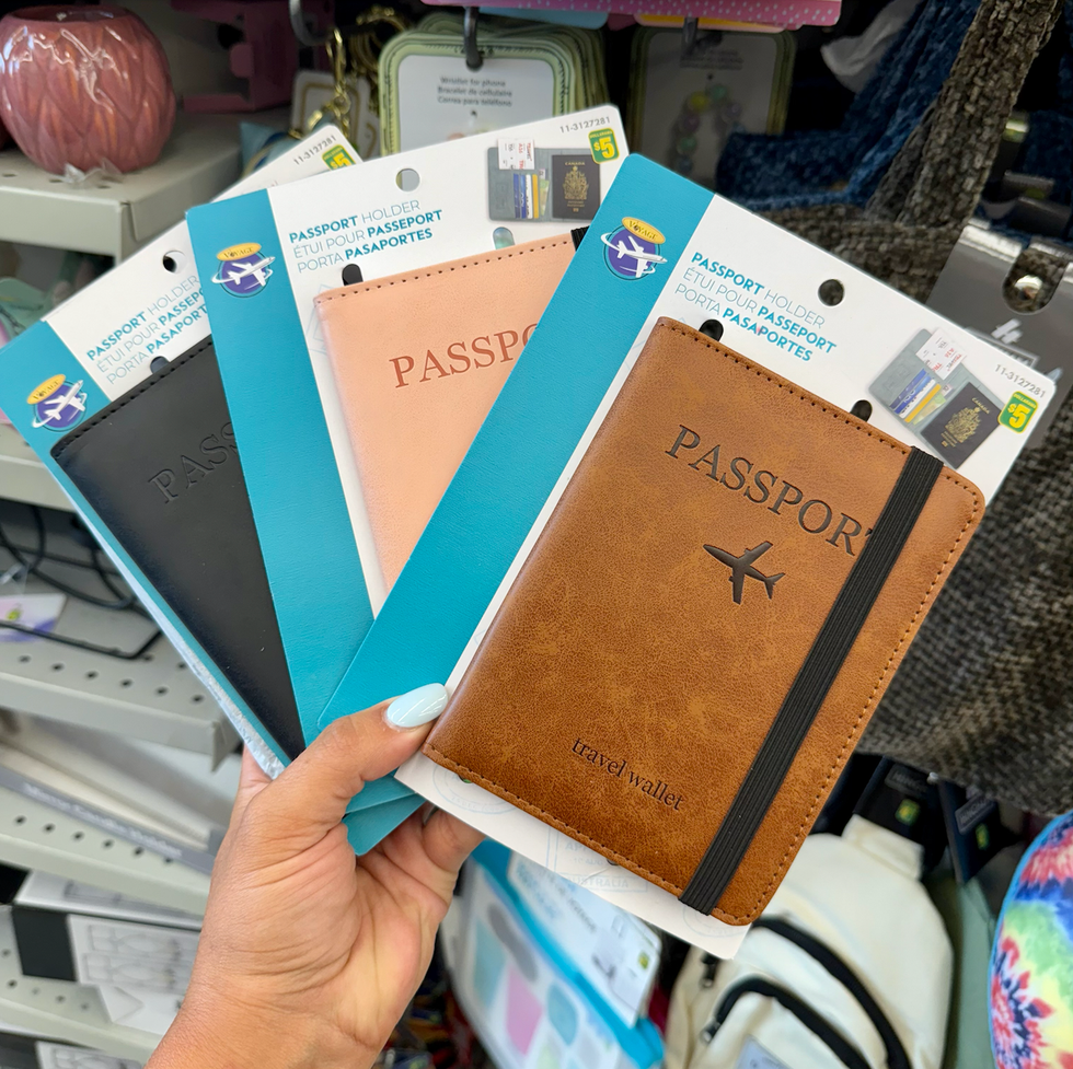 \u00c9tuis pour passeport sur les tablettes du Dollarama.