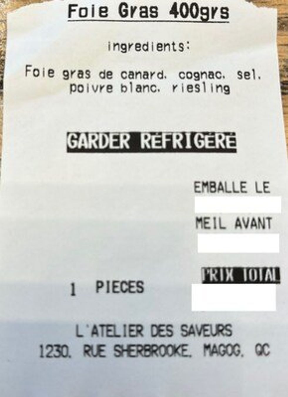 \u200b\u00c9tiquette du foie gras de l'Atelier des saveurs.