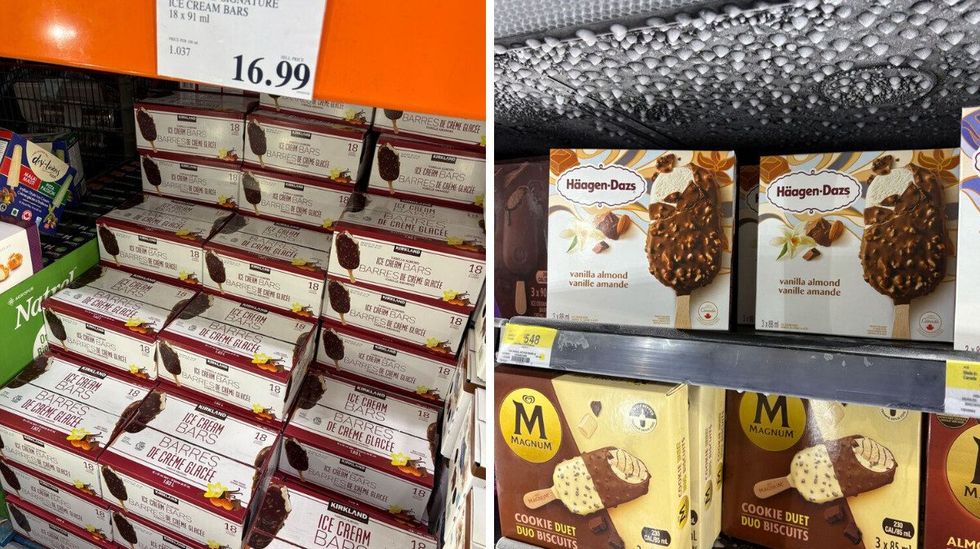 \u200b\u200b\u200b\u200bboxes of Kirkland Signature ice cream bars. Right: \u200b\u200b\u200b\u200bboxes of Haagen-Dazs ice cream bars at Walmart.