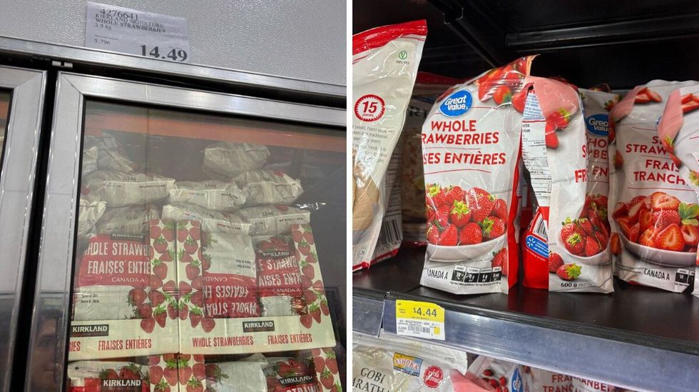 \u200b\u200b\u200bbags of Kirkland Signature frozen strawberries. Right: bags of Great Value frozen strawberries.
