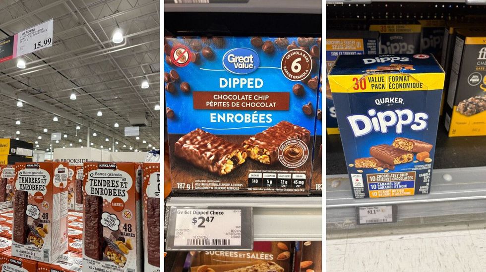 \u200b\u200bboxes of Kirkland Signature chocolate-covered granola bars. Centre: \u200bboxes of Great Value chocolate-covered granola bars. Right: \u200bboxes of Dipps granola bars at Walmart.
