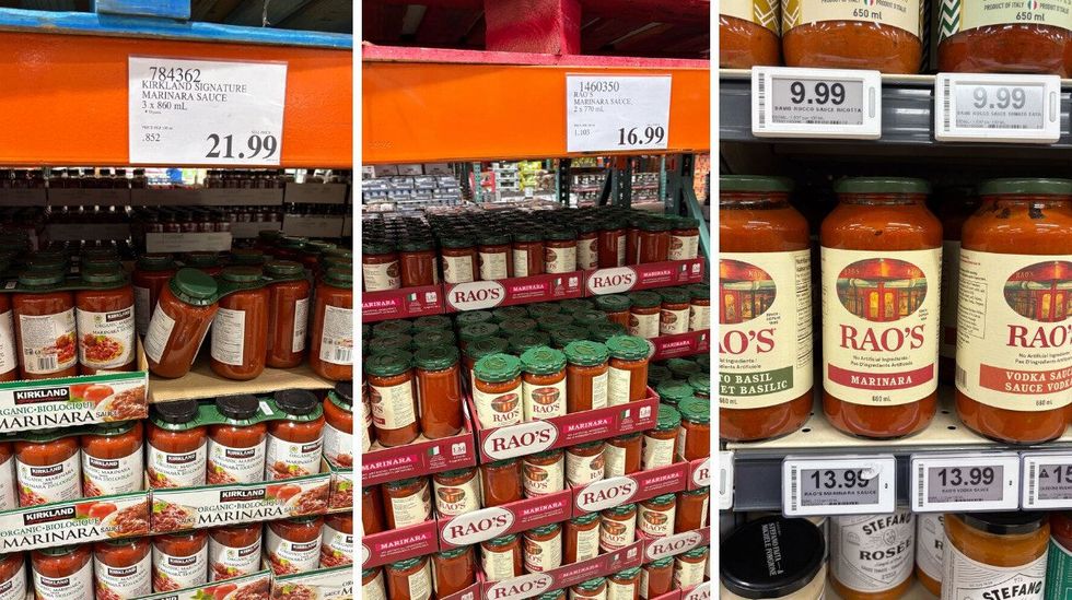 \u200b\u200bKirkland Signature marinara sauce. Centre: Rao's marinara sauce at Costco. Right: Rao's marinara sauce at Loblaws.