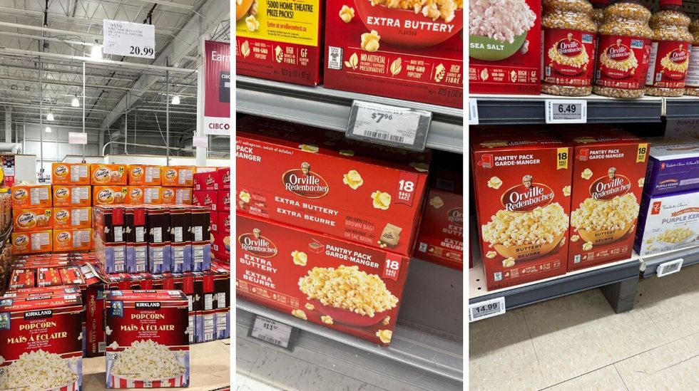\u200b\u200bKirkland Signature microwave popcorn. Centre: Orville Redenbacher microwave popcorn at Walmart. Right: Orville Redenbacher microwave popcorn at Loblaws.