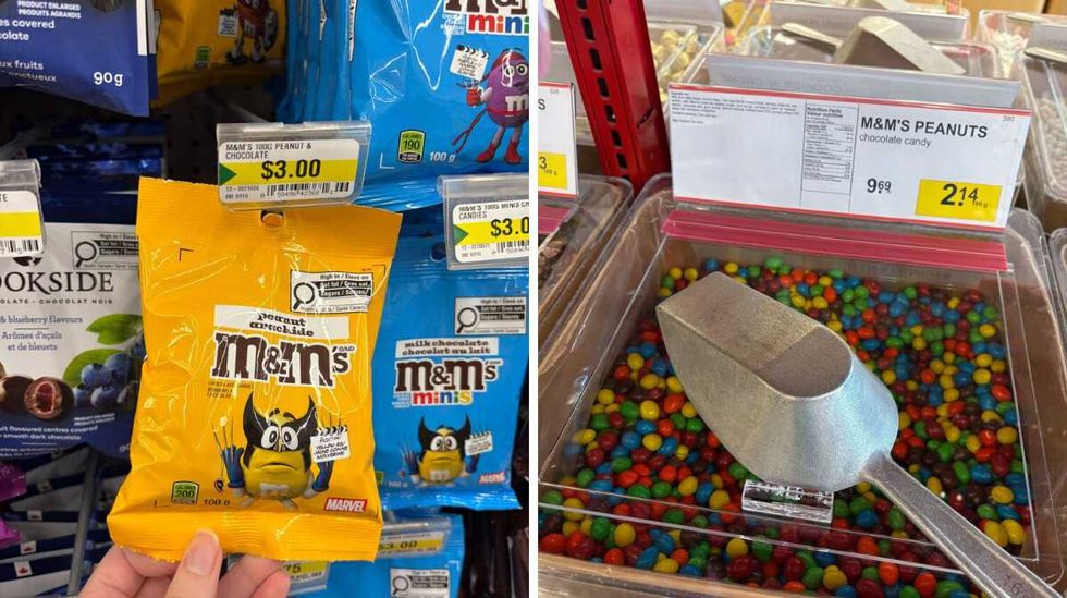 \u200b\u200bPeanut M&M's at Dollarama. Right: Peanut M&M's at Bulk Barn.