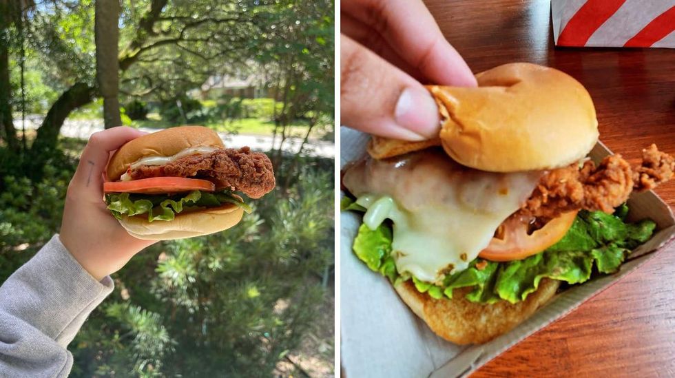 \u200b\u200bThe spicy deluxe chicken sandwich from the U.S. Chick-fil-A. Right: \u200bThe spicy deluxe chicken sandwich from the Canadian Chick-fil-A.