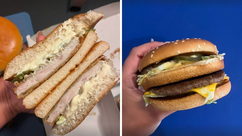 \u200b\u200bUn MacPoulet, l'\u00e9quivalent du McPoulet, coup\u00e9 en deux pour montrer la prot\u00e9ine. Droite : Un Big Mac tenu dans une main.