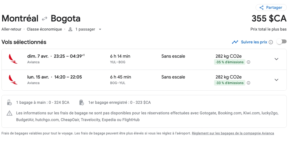 \u200b\u200bVol de Montr\u00e9al vers Bogota sur le site de Google flights.