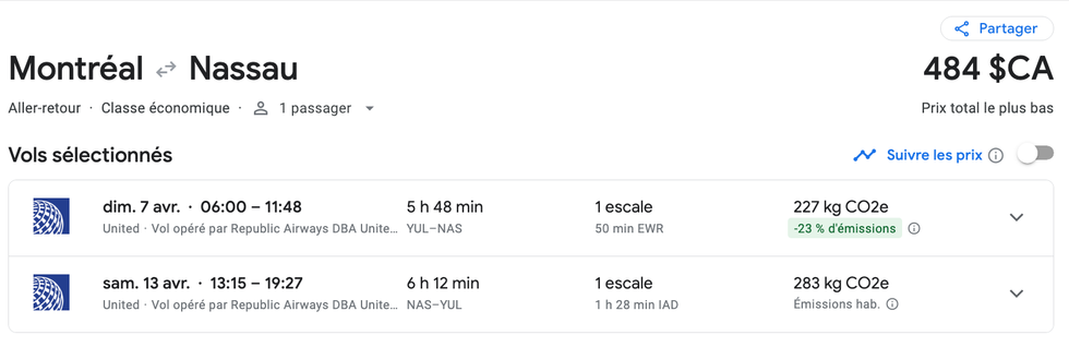 \u200b\u200bVol de Montr\u00e9al vers Nassau sur le site de Google flights.