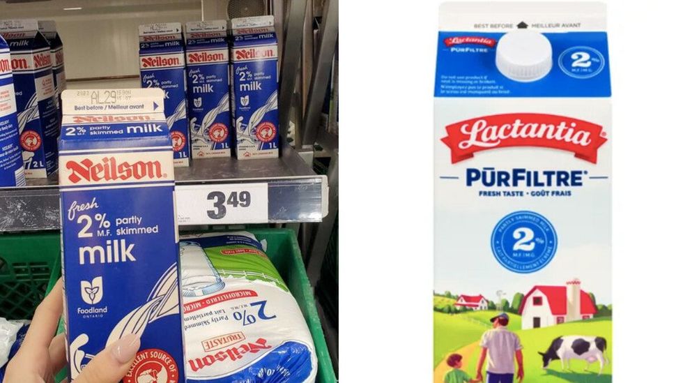 \u200b2% Milk at No Frills. Right: Lactantia 2% Milk