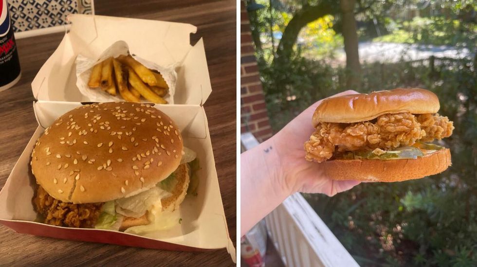 \u200bA chicken sandwich and fries from the KFC in the U.K. Right: A spicy chicken sandwhich from the U.S.'s KFC.