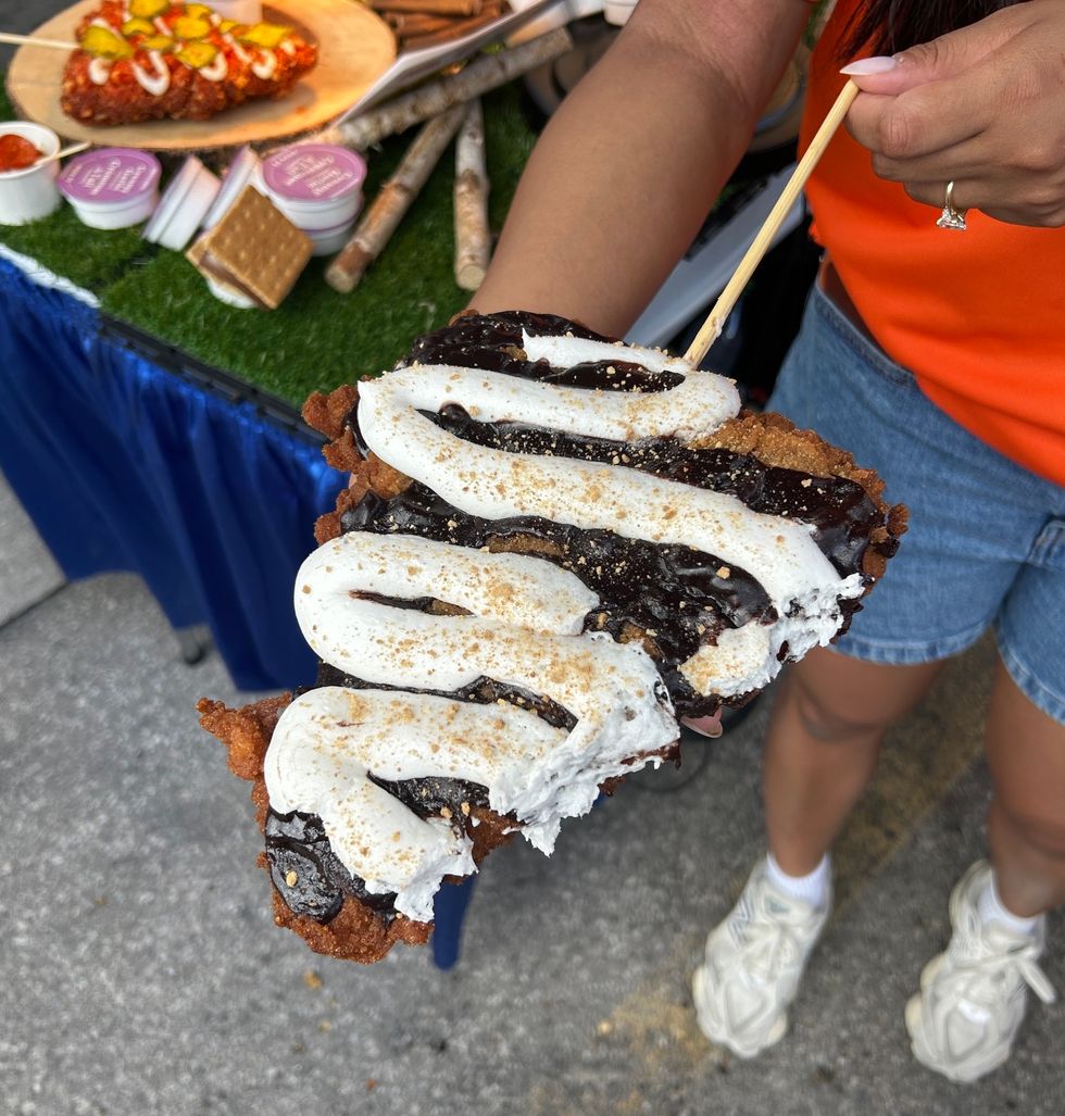 \u200bA deep-fried pizza slice from Pizza Pizza topped with S'mores toppings.