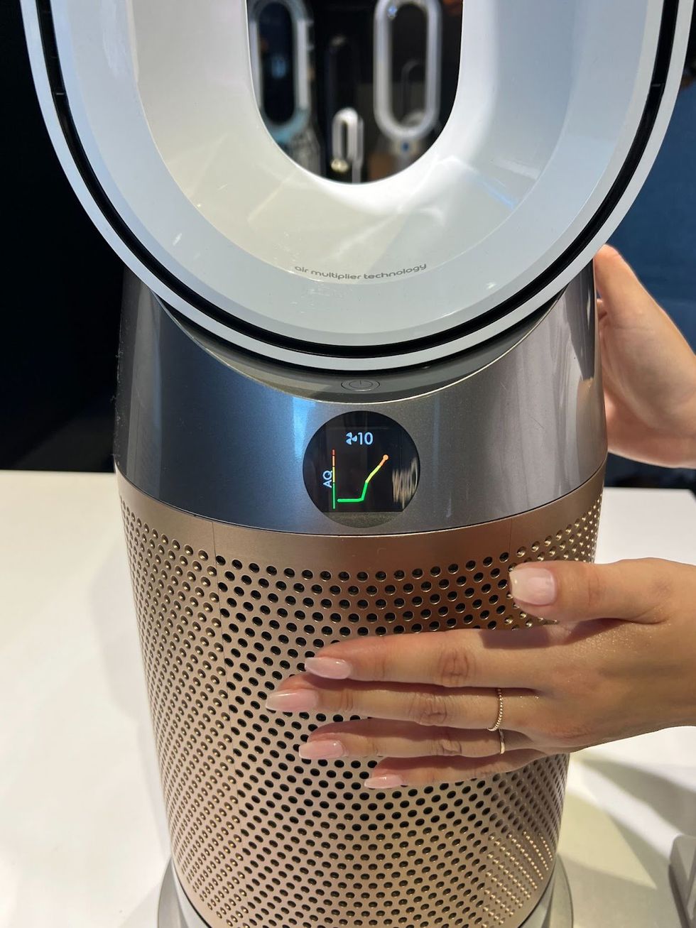\u200bA Dyson team member demonstrates an air purifier.