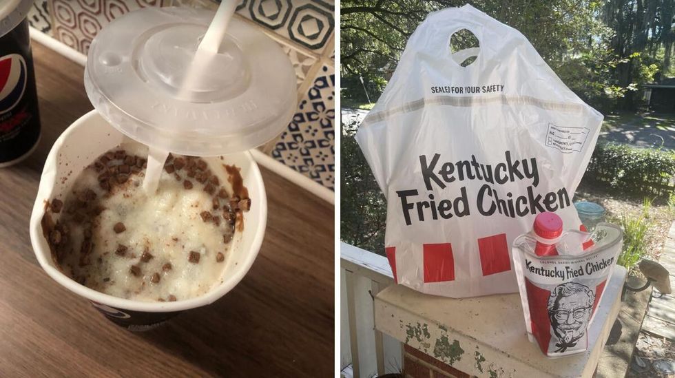 \u200bA frozen drink from KFC in the U.K. Right: The bag and drink from KFC in the U.S.