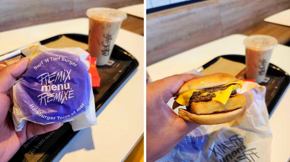 \u200bA hand holding a wrapped Surf \u2018N Turf Burger. Right: A hand holding a Surf \u2018N Turf Burger.