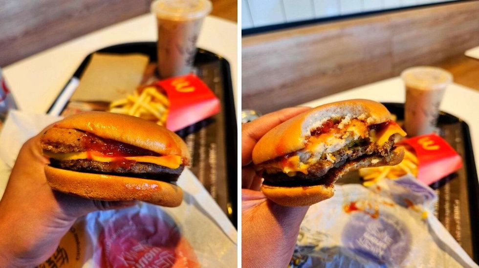 \u200bA hand holding aChicken Cheeseburger. Right: A hand holding Chicken Cheeseburger with a bite out of it.