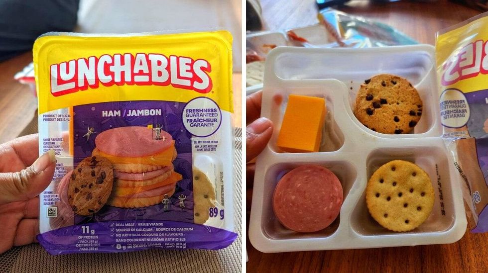 \u200bA hand holding Lunchables Ham Cracker Stacker. Right: An open package of Lunchables Ham Cracker Stacker on a table.