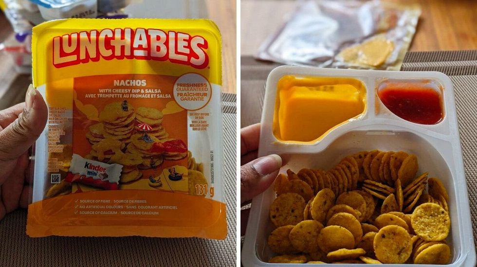 \u200bA hand holding Lunchables Nachos with Cheesy Dip and Salsa. Right: An open package of Lunchables Nachos with Cheesy Dip and Salsa on a table.