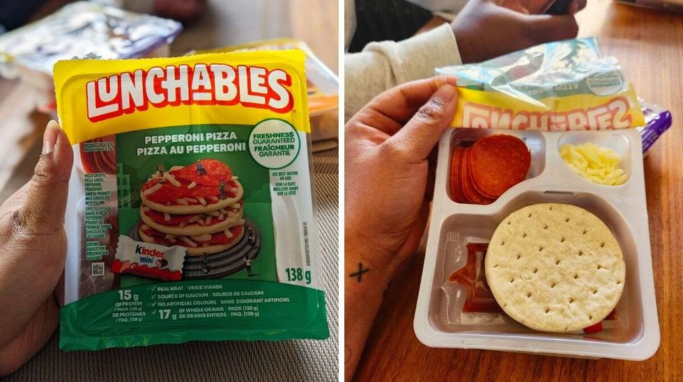 \u200bA hand holding Lunchables Pepperoni Pizza. Right: An open package of Lunchables Pepperoni Pizza on a table.