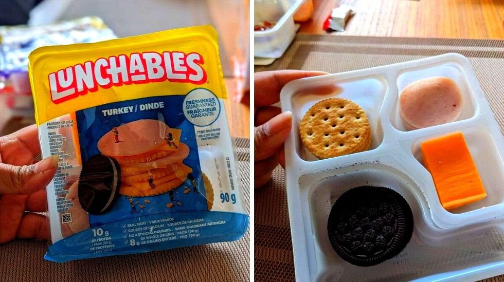 \u200bA hand holding Lunchables Turkey Cracker Stacker. Right: An open package of Lunchables Turkey Cracker Stacker on a table.
